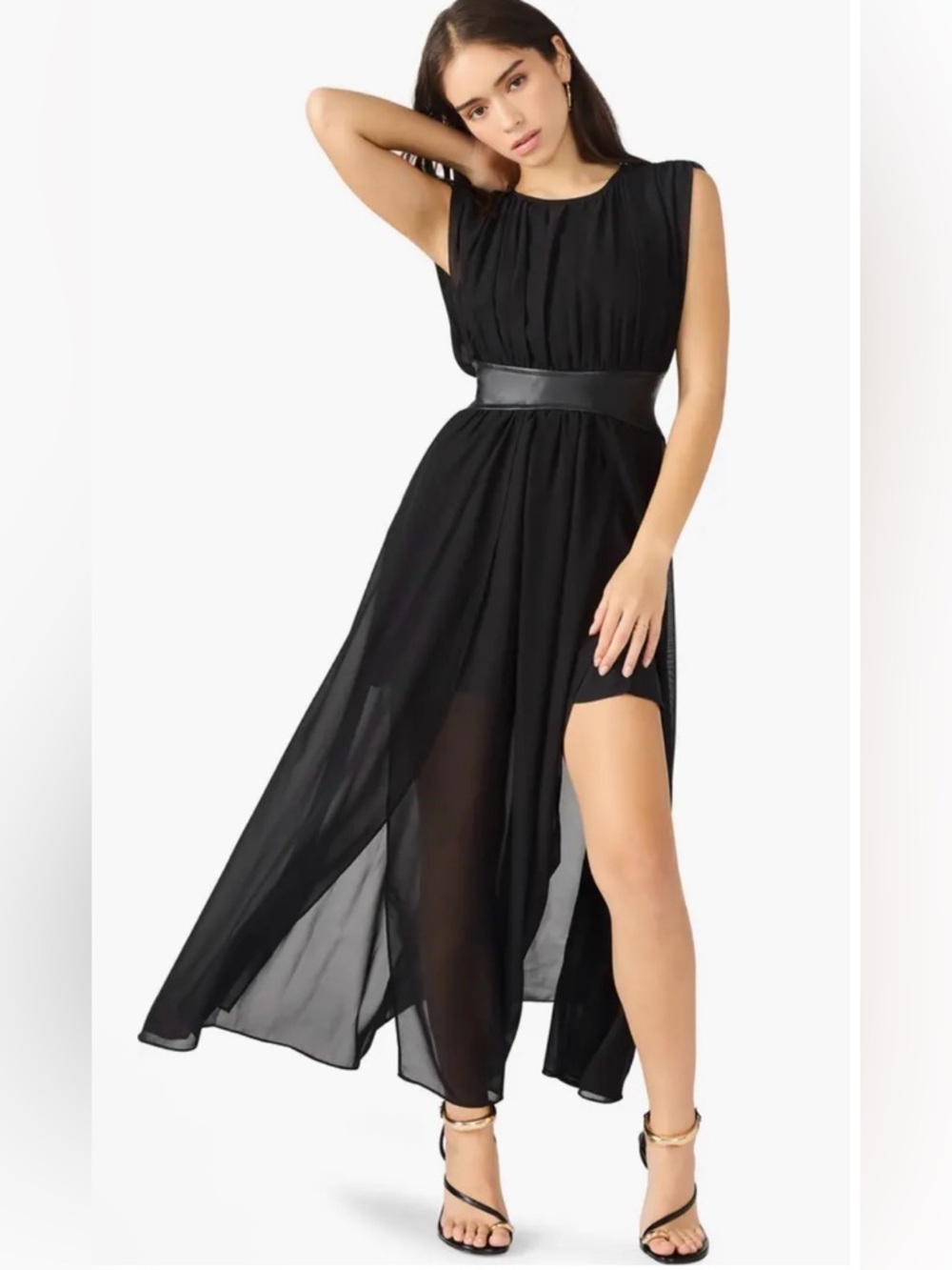 Steve Madden Black Sleeveless High-Slit Chiffon Maxi Dress with Waist Belt